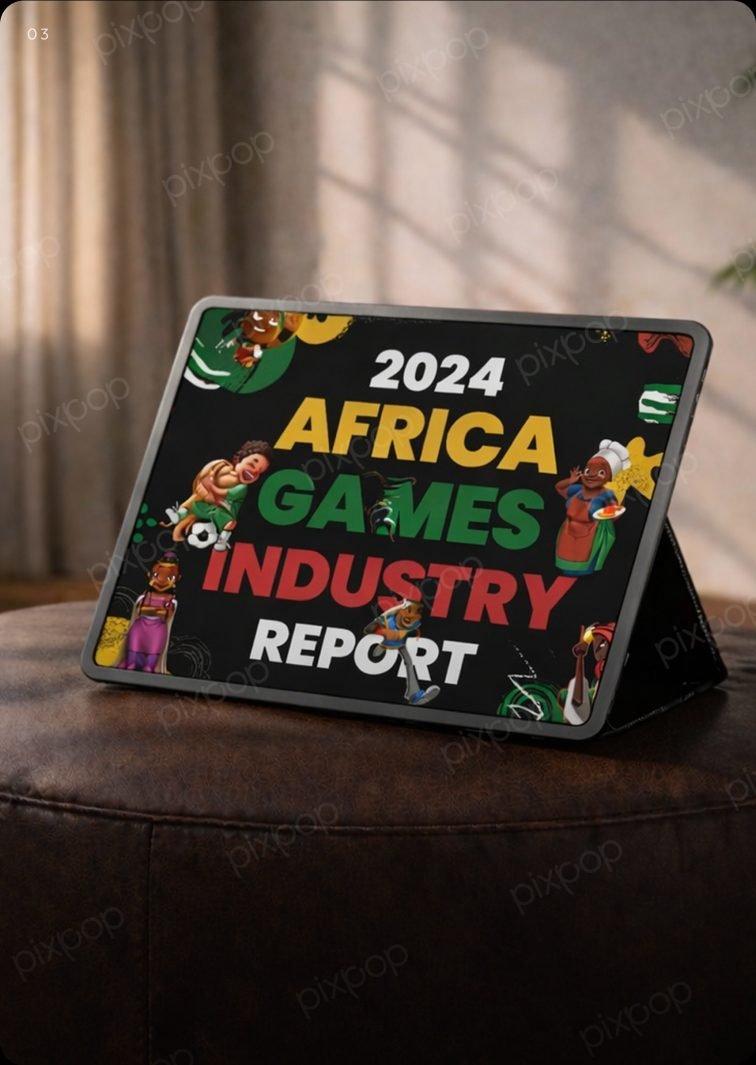 2024 Africa Games Industry Report editorial design shown on a tablet