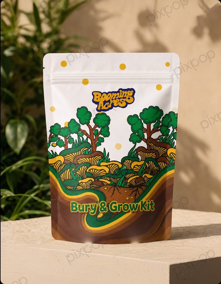 Blooming Acres illustrated seed pouch packaging design