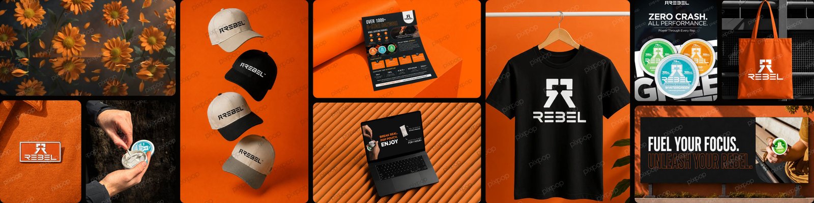 REBEL branding case study collage by Pixpop Studio