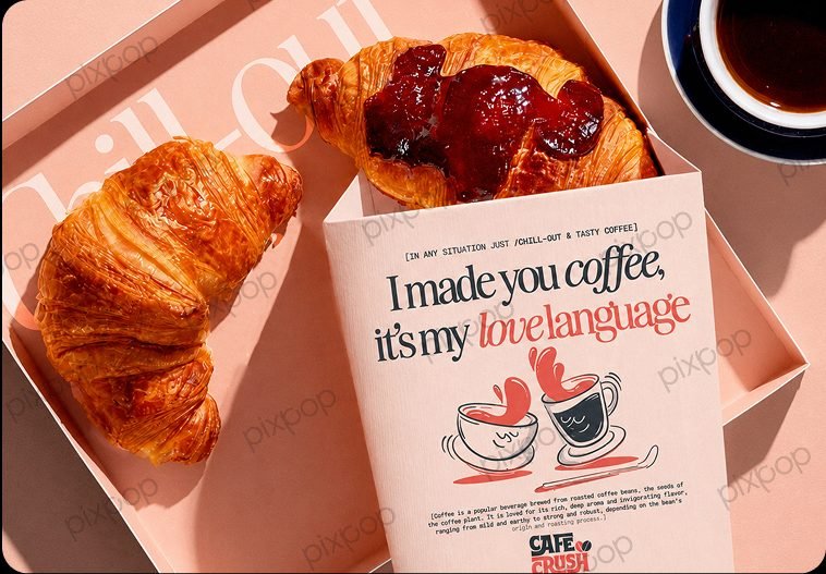 Café Crush coffee box packaging and croissants brand campaign