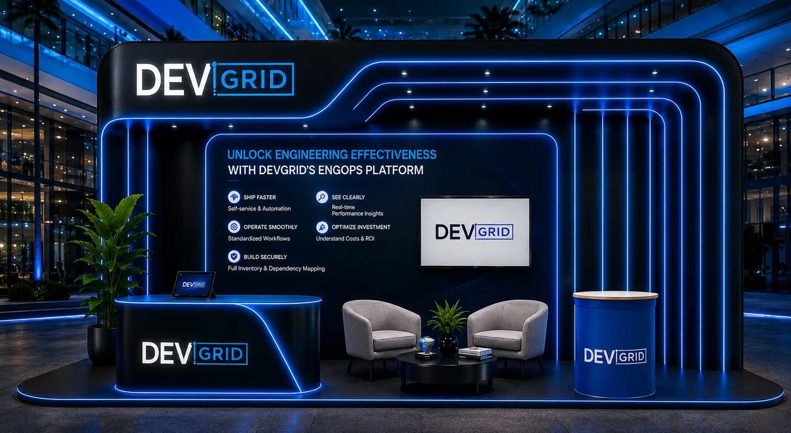 DEVGRID blue and black trade show design