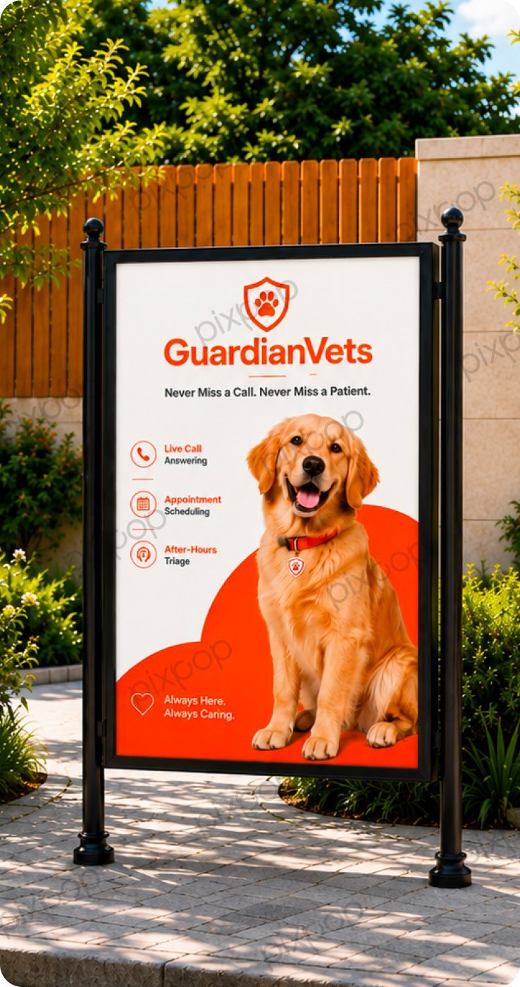 GuardianVets outdoor clinic sign with a golden retriever