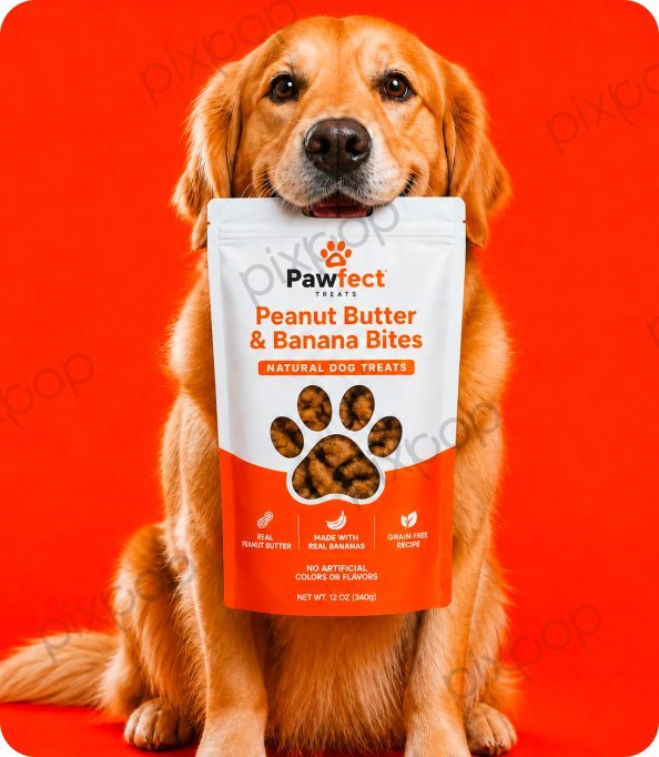 Golden retriever holding a Pawfect treat pouch