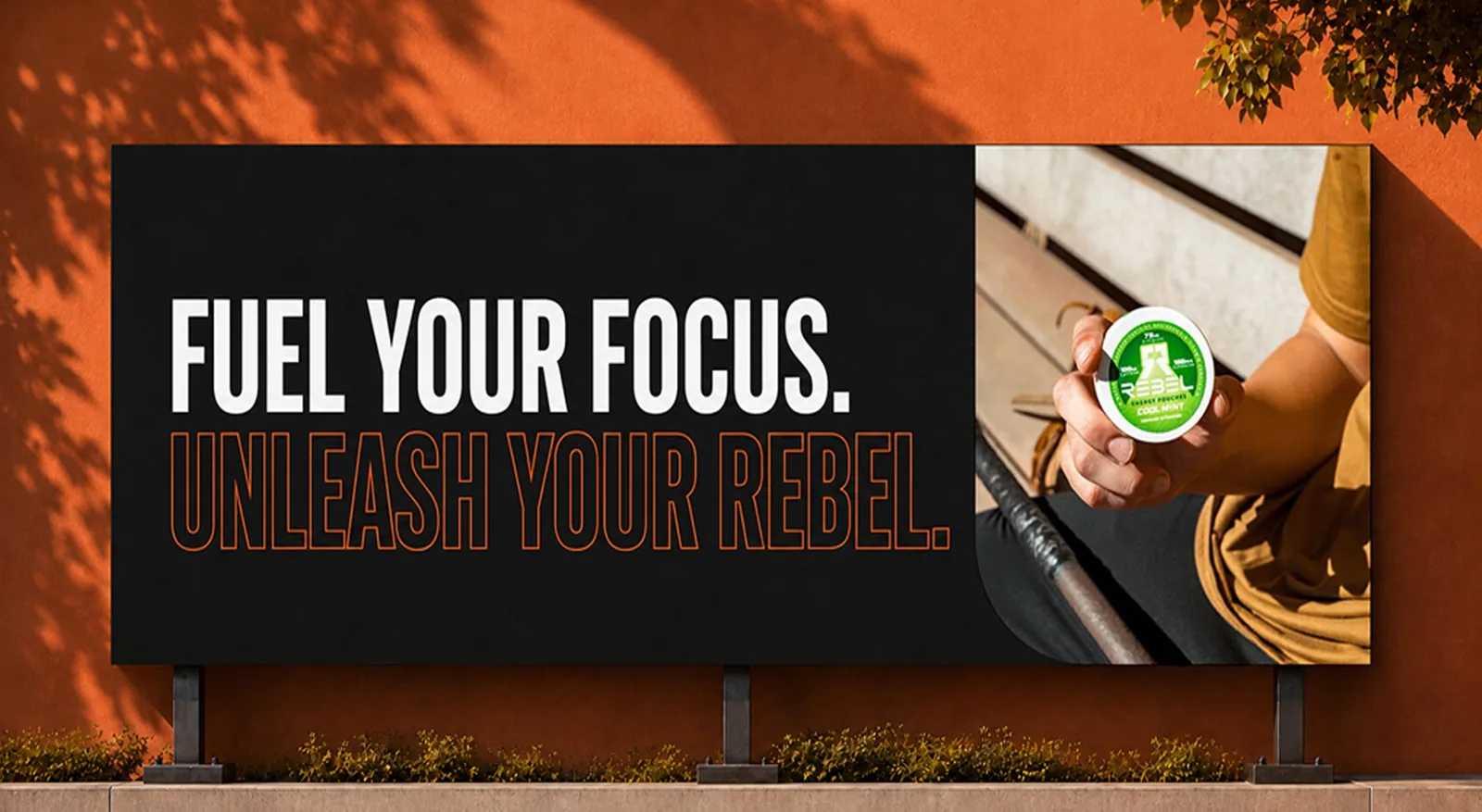 REBEL black and orange pouch brand design