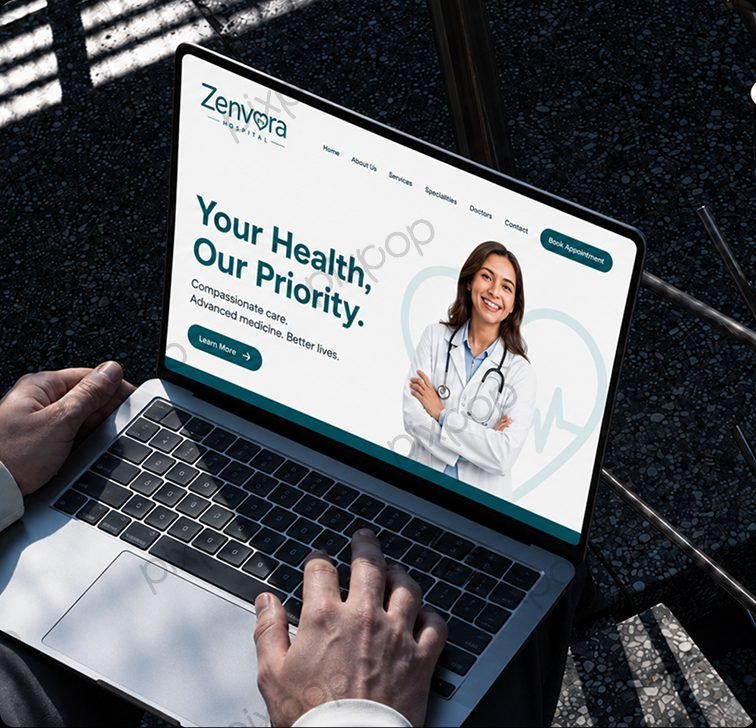 Zenvora Hospital healthcare website design shown on a laptop